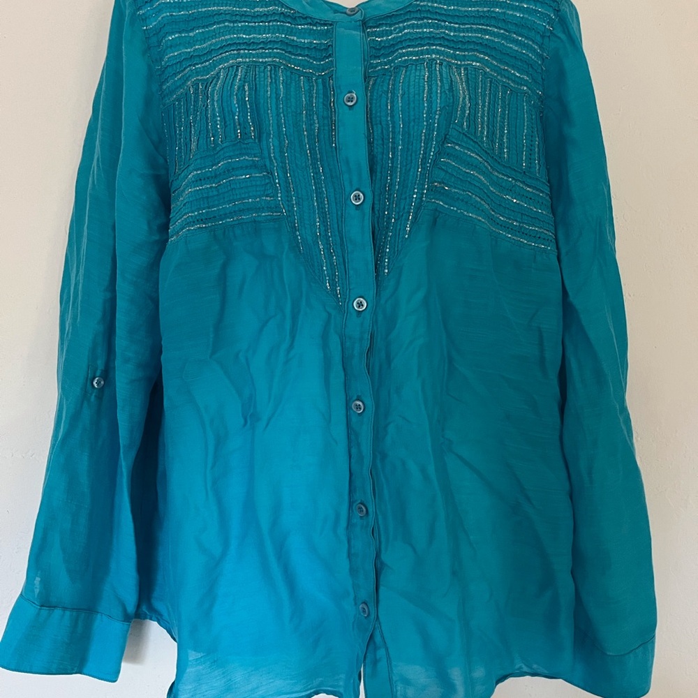 Chico's Blue Button Down Shirt with Cuffed Sleeves and Mandarin Collar